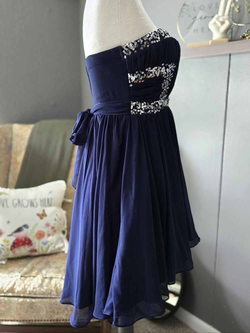 City Studio Navy Blue Strapless Fit And Flare Dress With Sequin Accents - Picture 5 of 9